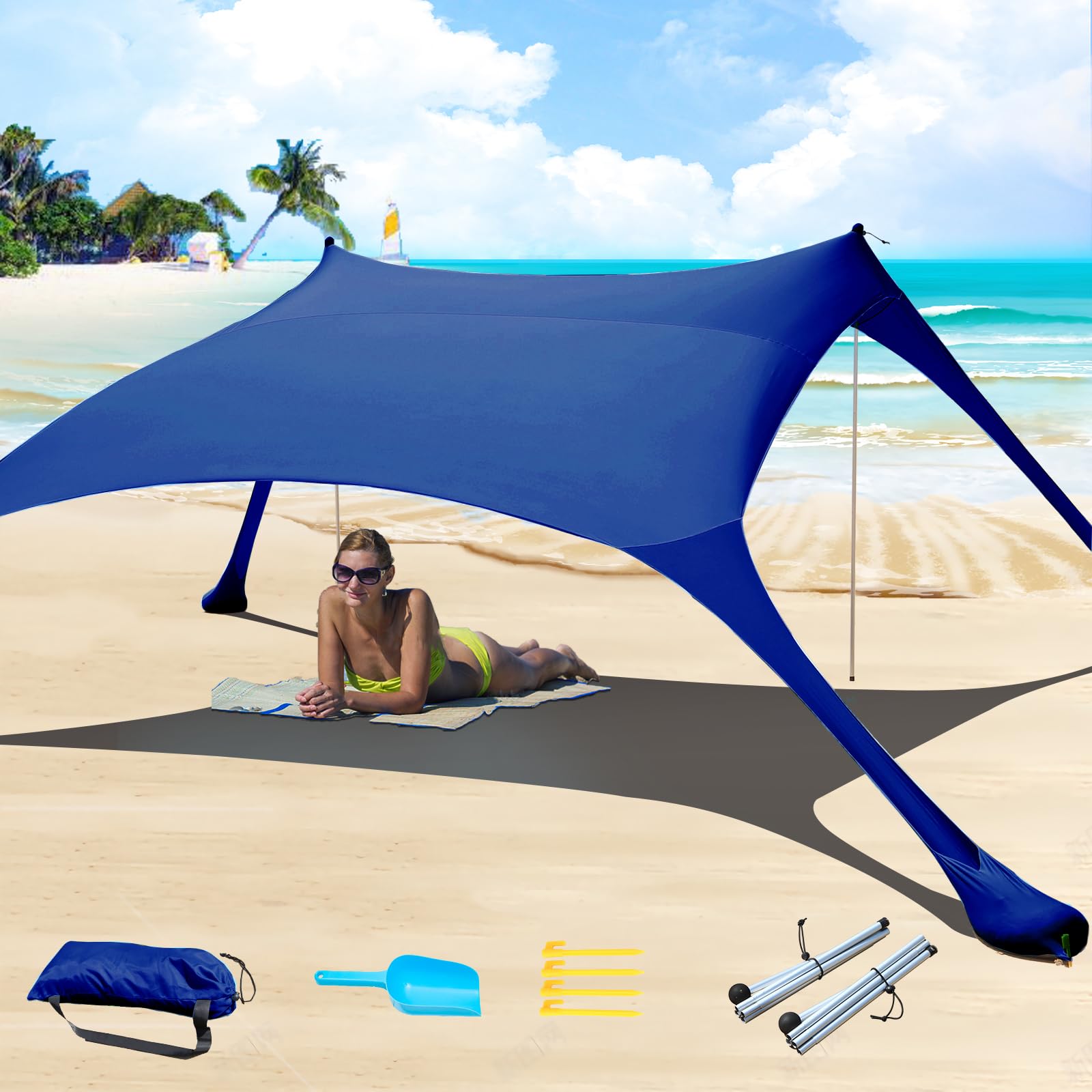 CUUPO 7×7 FT Beach Tent Sun Shelter UPF50+ UV Protection, Outdoor Small Canopy Tent Sun Shade with 2 Poles for Camping, Beach, Fishing, Backyard and Picnics Navy Blue