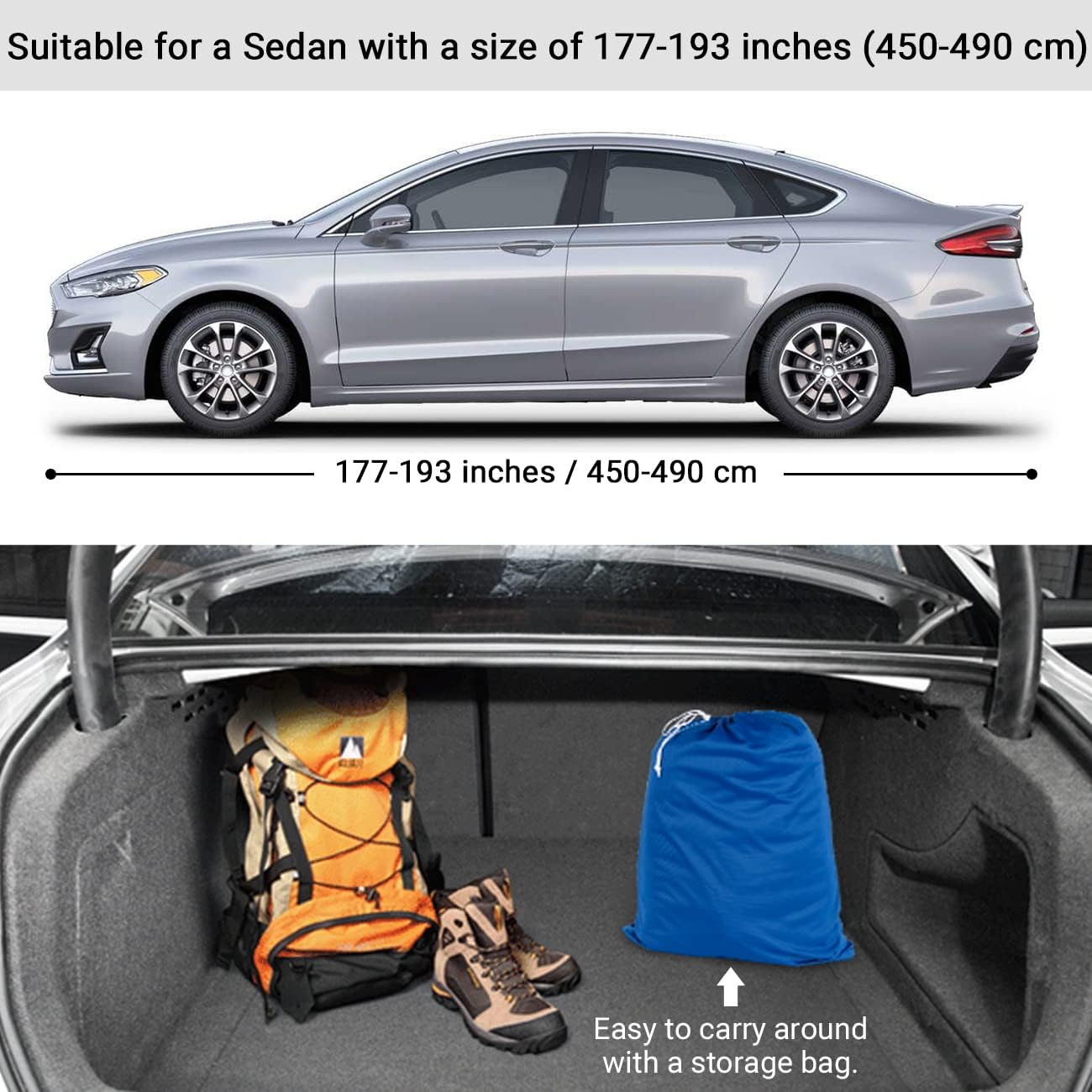 Favoto Car Cover Dustproof Sedan Indoor Stretch Cover Universal Fit 177-193 Inch Automobiles Full Car Cover with Storage Bag Breathable Windproof All-Weather Auto Vehicle Cover (Blue-Upgraded)