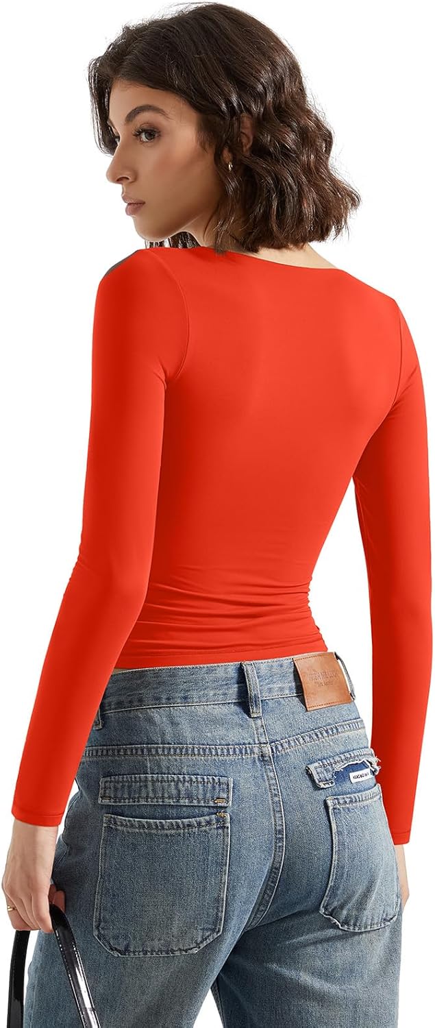 SUUKSESS Women Double Lined Casual V Neck Crop Tank Tops Basic Long Sleeve Shirts - Image 4
