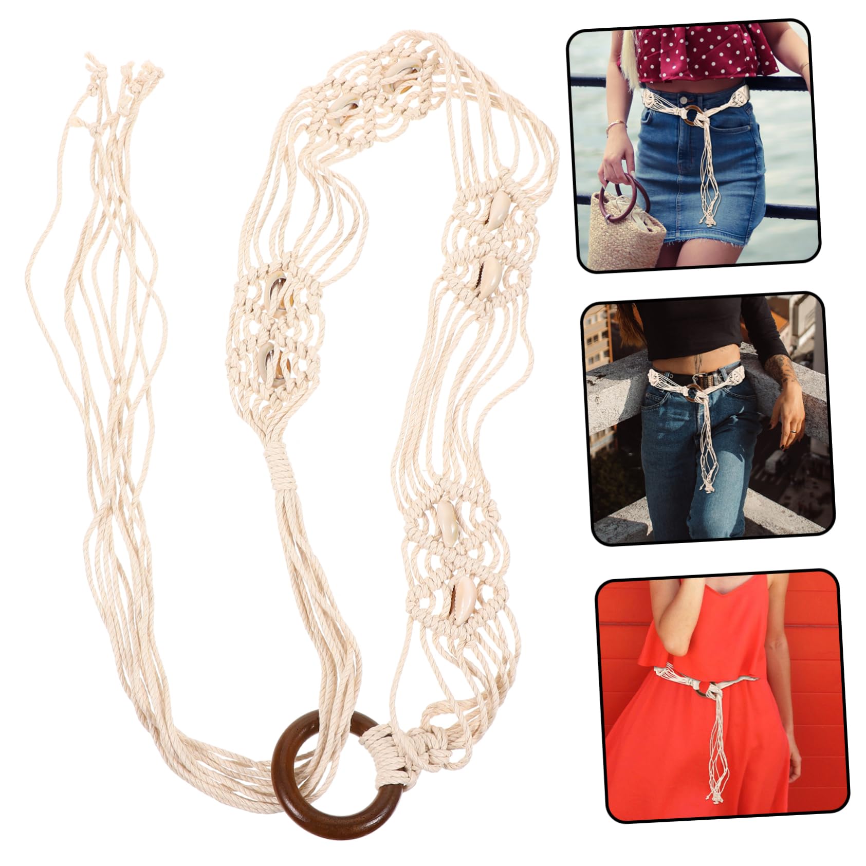 4piezas Cinturón De Mujer Bohemio Trenzado Mano Concha Cinturón Para Vestidos y Pantalones Accesorio De Moda Para Ocasiones Especiales