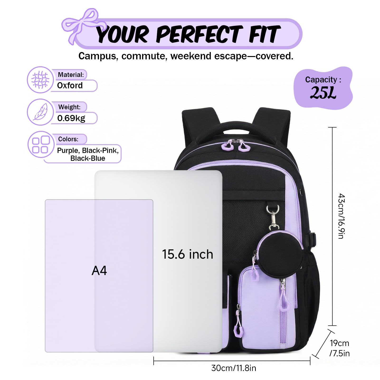 Amythe Cartable pour Filles Primaire et Collège - Sac à Dos Enfant Ergonomique avec Bandes Réfléchissantes - Sac D'école Fille CE2 CM1 CM2 Imperméable Léger pour École Voyage -Violet