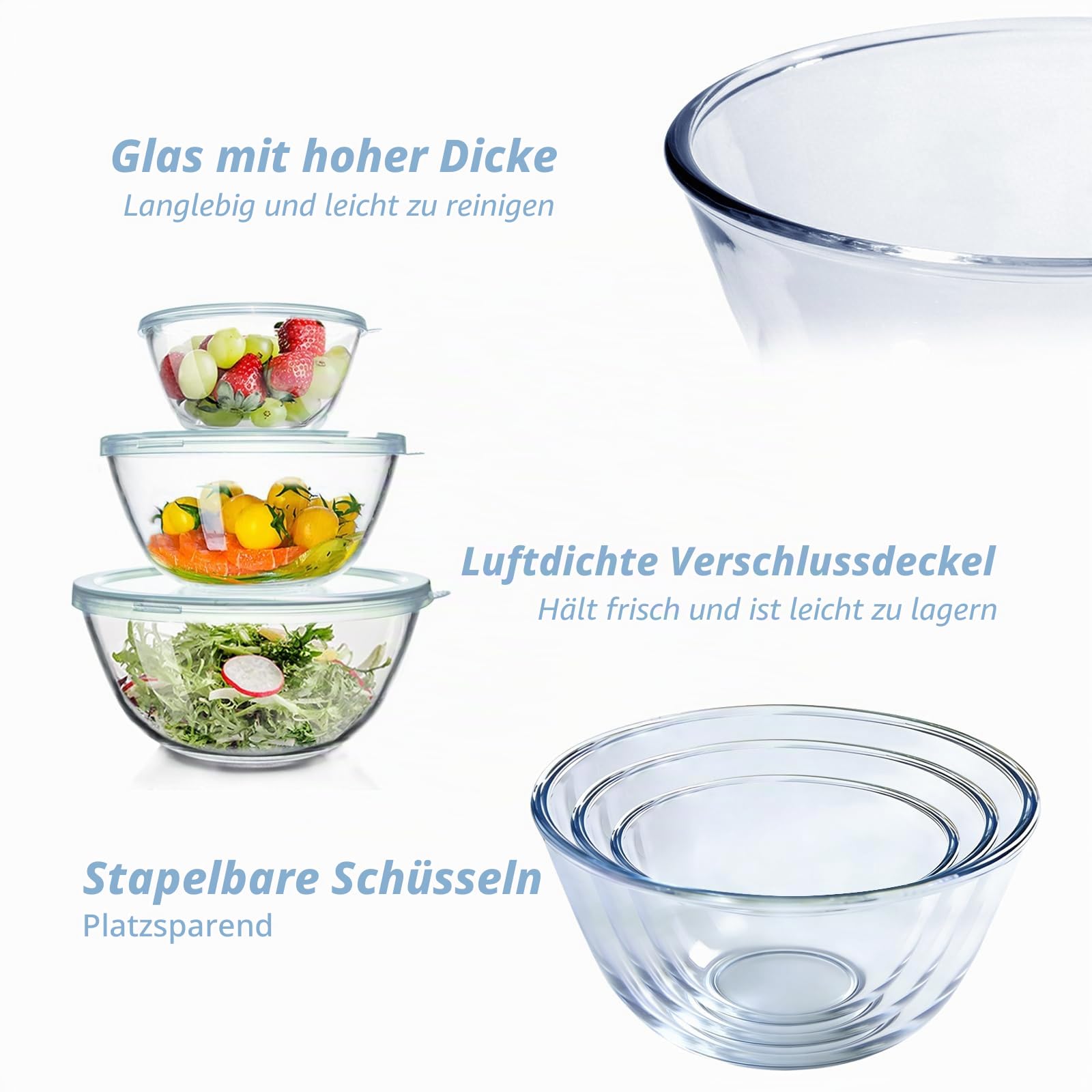 WhiteRhino Glas Rührschüssel mit Deckel, 3er-Set (4,2L, 2,5L, 1L), Große Rund Salatschüsseln für die Küche,Salatschüssel mit Deckel, Kochen,Backen,Vorbereiten, spülmaschinenfes