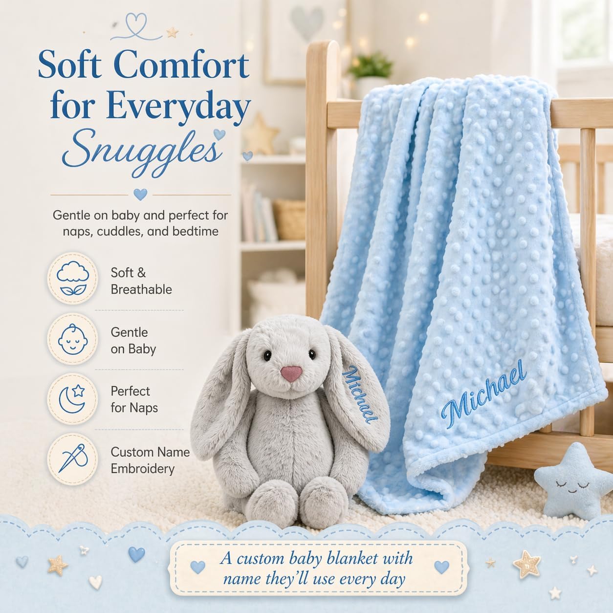 Terwex Personalized Baby Blanket & Plush Bunny Set, Custom Baby Blankets for Boys Girls with Name, Customized 2-in-1 Dot Receiving Swaddle & Rabbit Set, Infant Toddler Gifts for Baby Shower Birthday