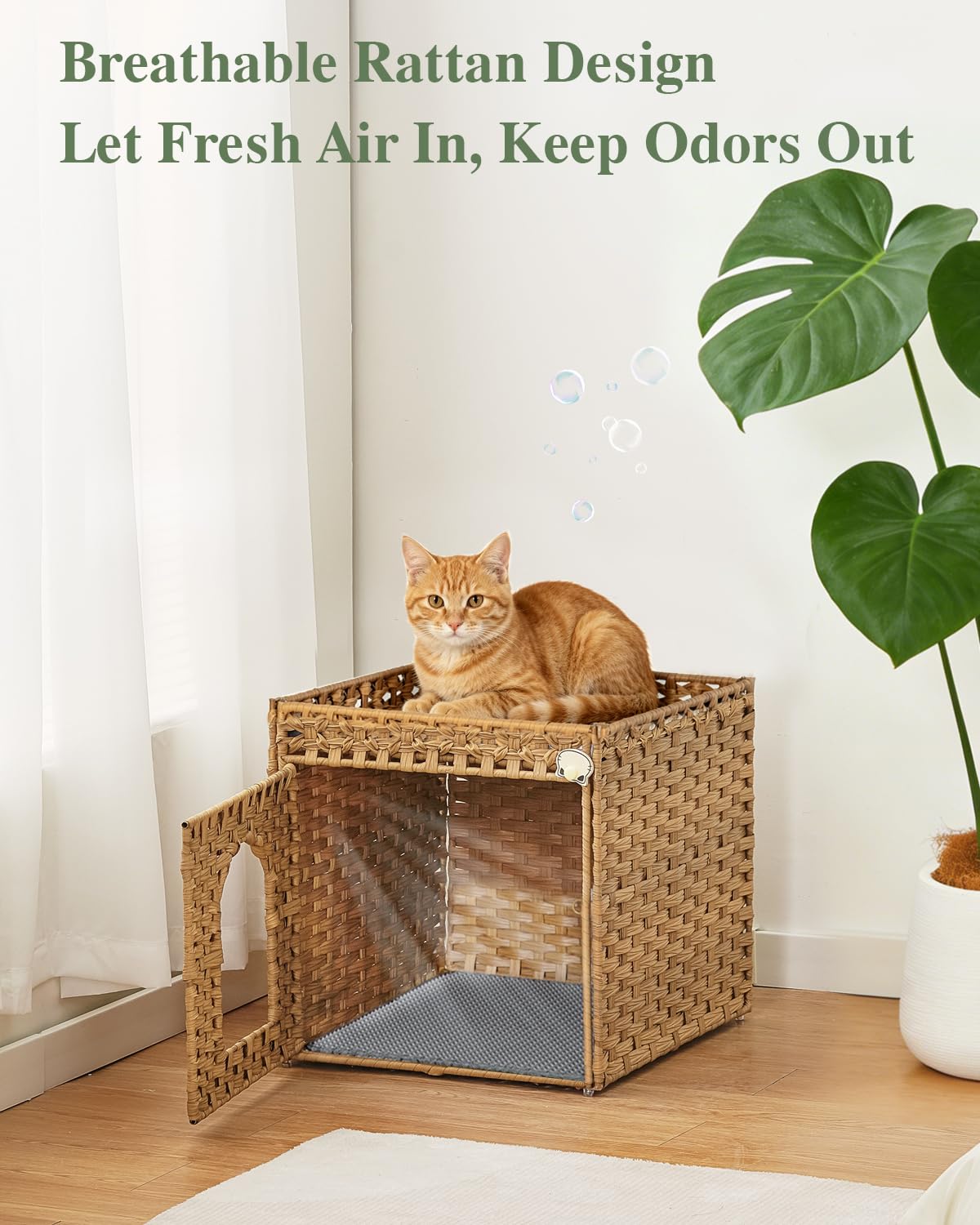 SETVSON Cat Litter Box Enclosure Furniture, Hidden Litter Box with Mat and Fence, Handwoven Rattan Cat House with Two S-Shaped Hooks for Living Room, Bedroom, 18.5 x 20.5 x 19.1 Inches (Natural) - image 3
