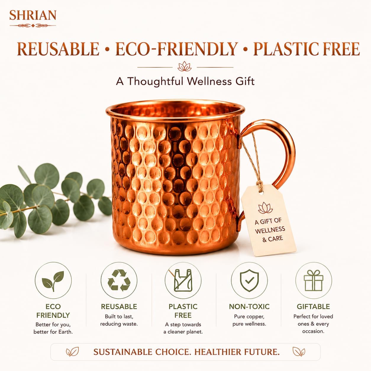 Copper Mules PURE Copper Mug RAW Cups Interior Ideal for Ayurvedic Health Benefits and Moscow Mules - Hand Hammered Finish - Authentic and Strong Riveited Handle - Holds 14oz