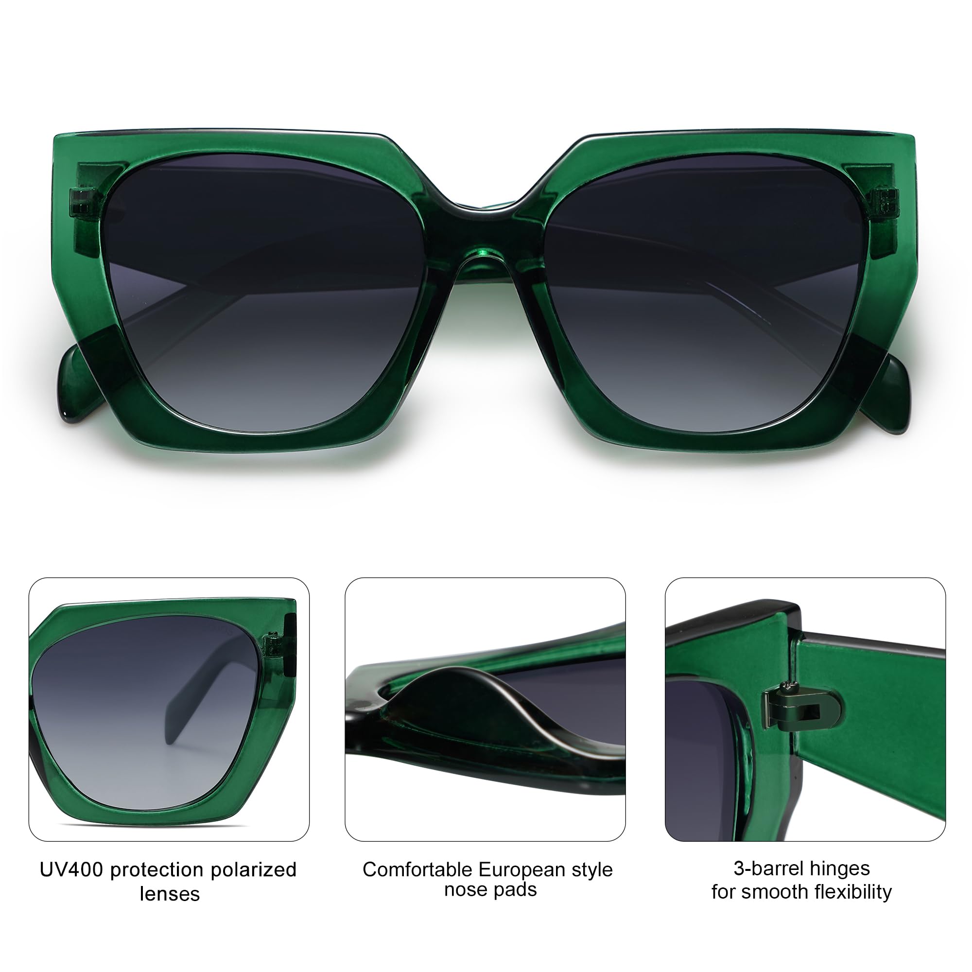SOJOS Large Oversized Polarized Sunglasses for Women, Big Designer Womens Trendy Square Shades SJ2205: Dark Green/Grey 55 Millimeters