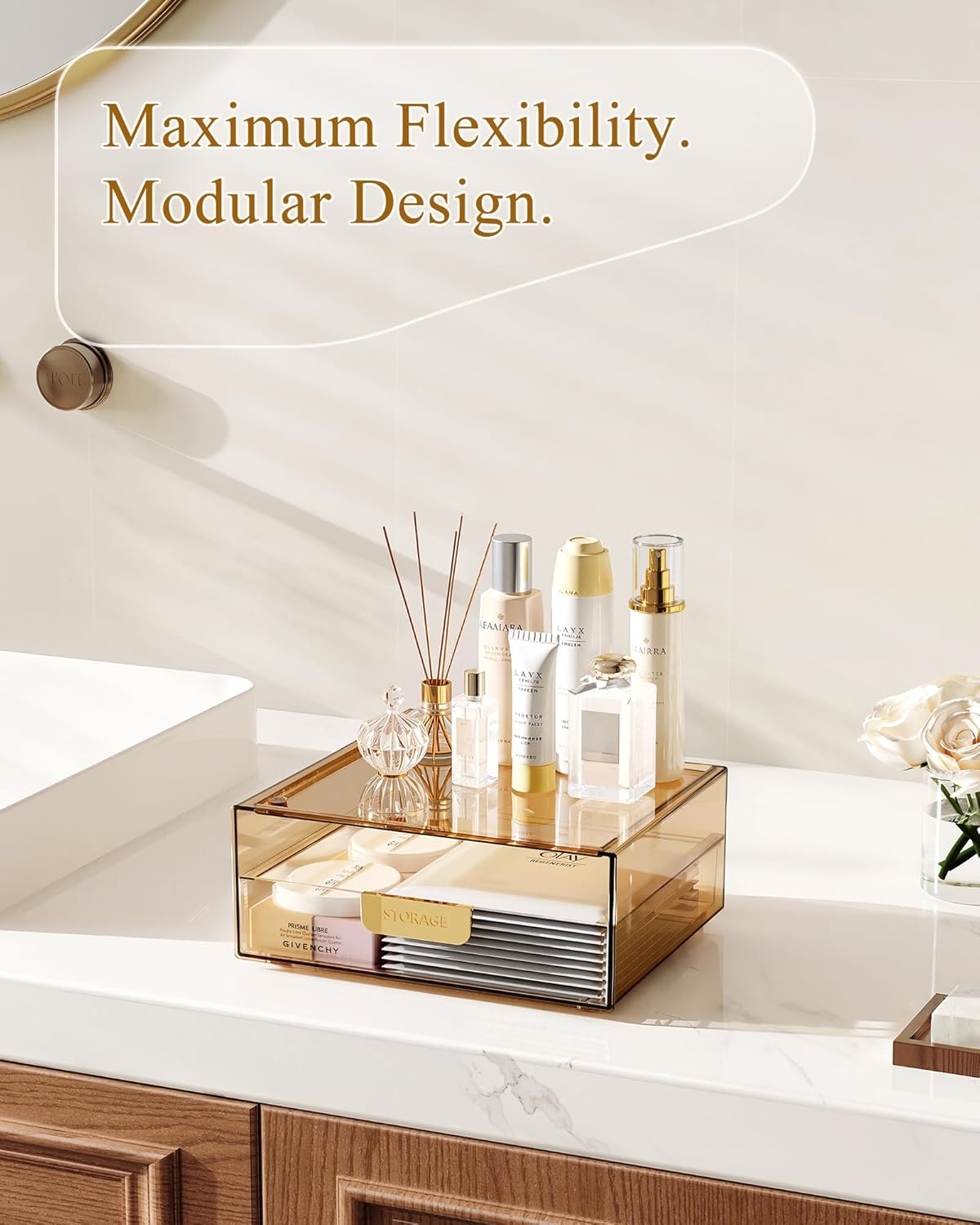 Makeup Organizer, Dual Arch Stackable 3-Piece Vanity Storage with Drawers & Brush Holder, Amber Acrylic Skincare & Cosmetic Organizer