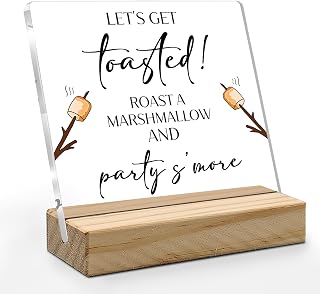 Wedding Desk Decor, S'mores Station Acrylic Sign, Smore Bar Sign, Let's Get Toasted Roast a Marshmallow Acrylic Plaque Sign with Wood Stand for Outdoor Party Rustic Wedding Reception