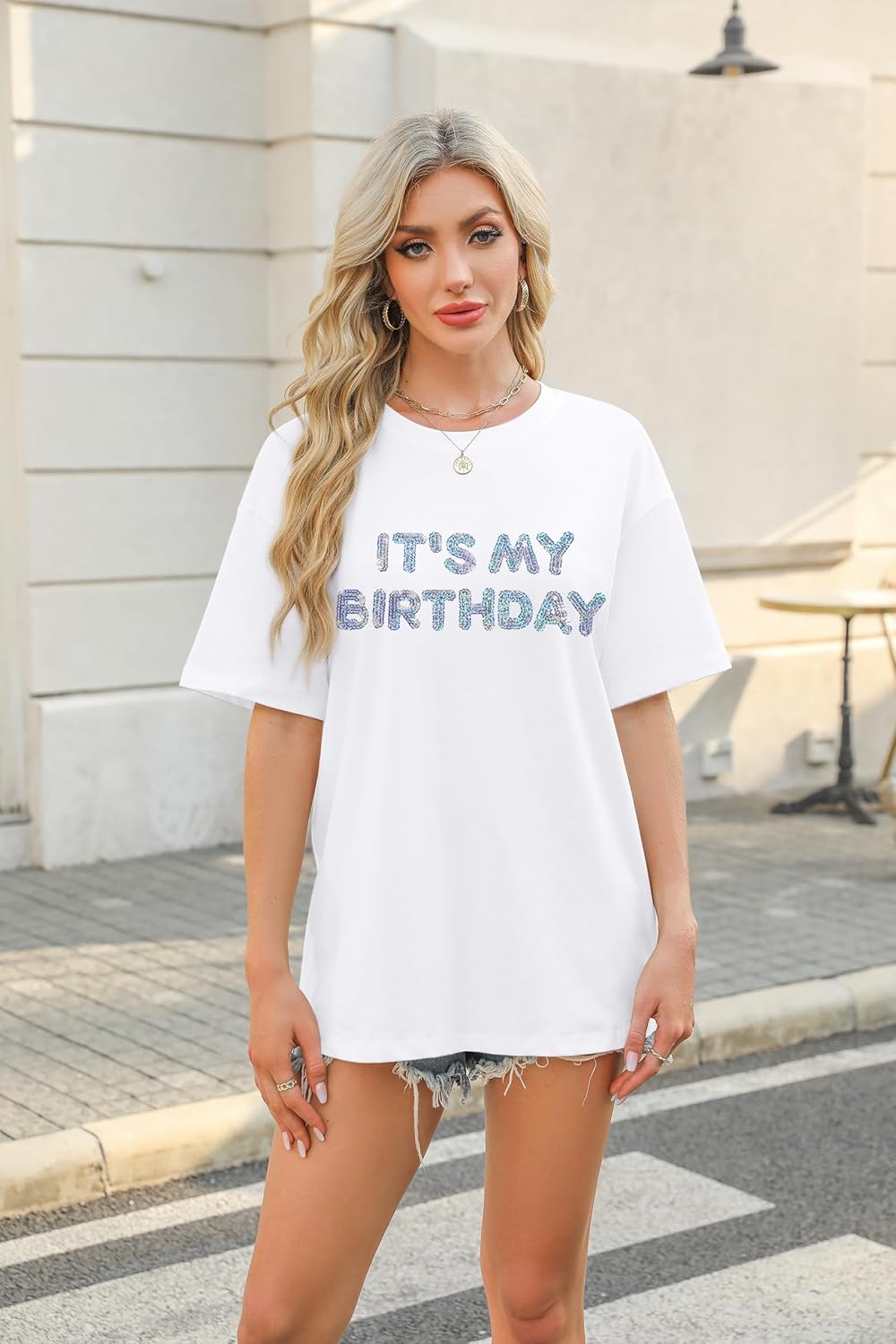 Women Oversized Sequin Birthday Shirt: It's My Birthday Graphic Tees Funny Print Short Sleeve Crewneck Outfit Tops - Image 3