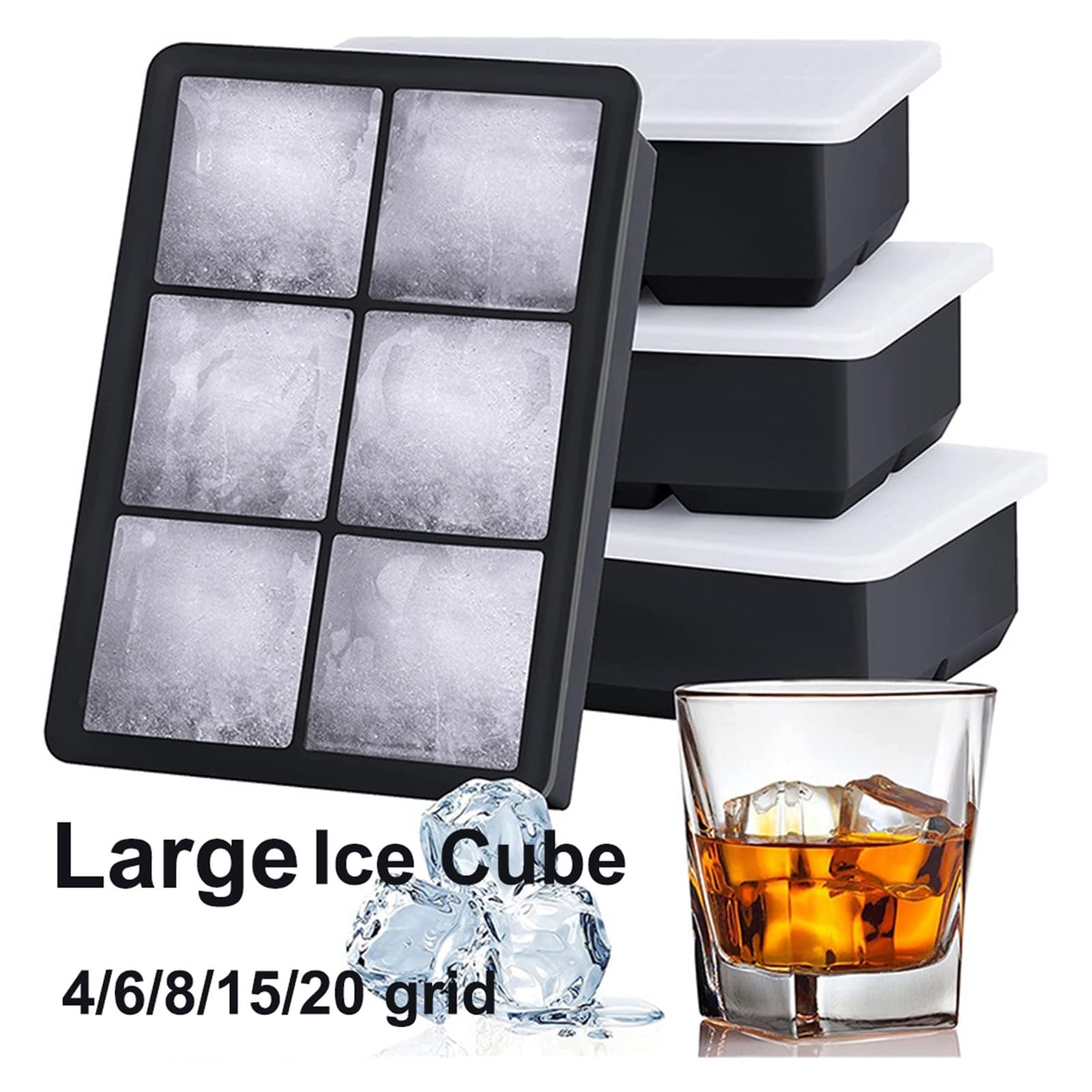 Bandeja de Cubitos de Hielo Grande 4/6/8/15/20 Molde de Rejilla Molde de Bandeja de Hielo Cuadrada Molde de Bandeja de Silicona de Grado Alimenticio Cubitera Grande Bandeja de Fabricación de Hielo DI