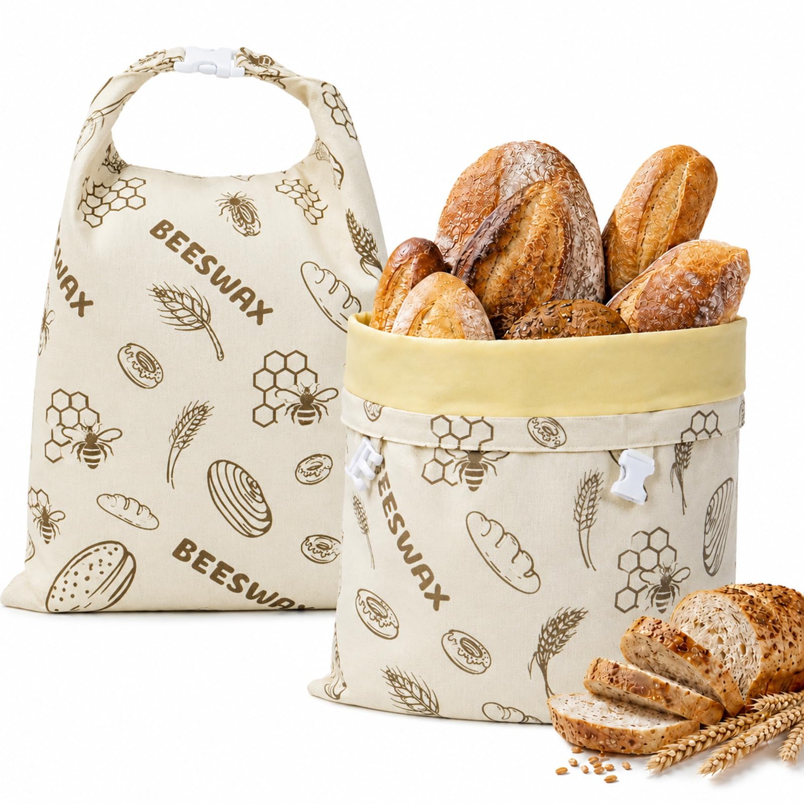 Laikaieu C Beeswax Bread Bags For Sourdough Bread, Reusable Natural Otton Storage Bag Breathable Freshness For Freezer & Refrigerator, Large Apacity And Washable For Homemade, Bakery, Picni (,2 Pack)
