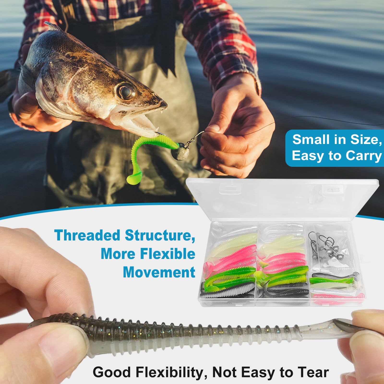 45 señuelos de pesca blandos y 10 cabezas triangulares para la pesca con spinning, 5,5 cm+6,5 cm+7,5 cm, cebo de pesca, cebo flotante, goma con cabeza y caja de plástico, 5 colores