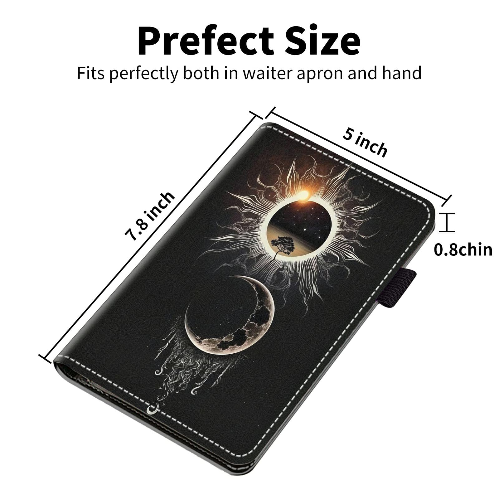 Server Books for Waitress-Leather Waiter Book Server Wallet with Zipper Pocket,Guest Check Book Waitstaff Organizer with Money Pocket Fit Server Apron,Moon Sun in Black