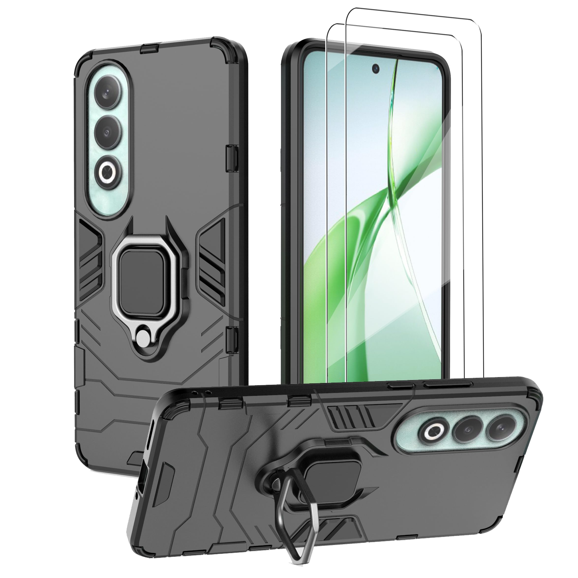 for OnePlus Nord CE4 5G Case Cover with Glass Screen Protector [2 PACK] Heavy Duty Dual Layer Military Grade Shockproof Protective Cover with Magnetic Ring Kickstand - Black
