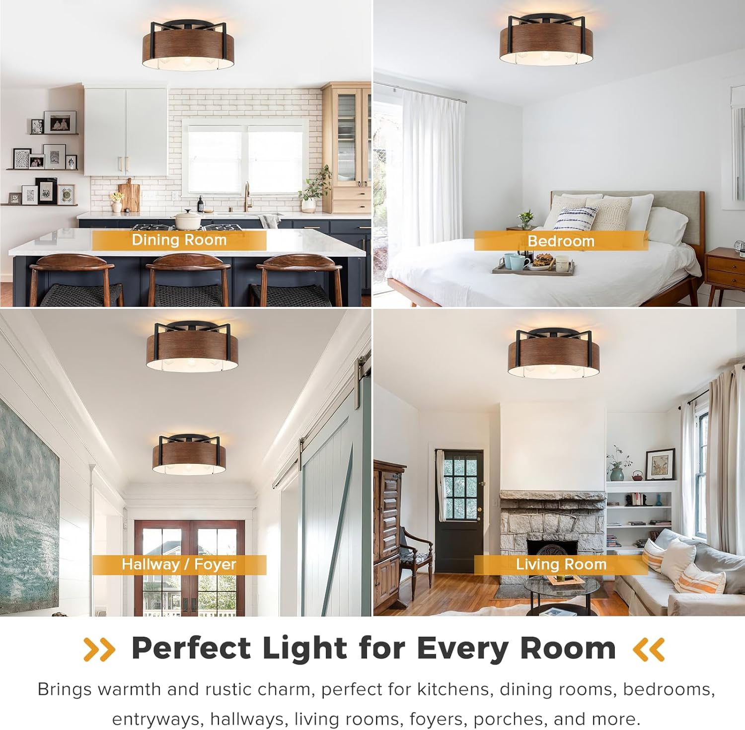 20'' Farmhouse Semi Flush Mount Ceiling Light, 4-Light Rustic Hallway Entryway Light Fixtures, Metal Wood Grain Finish Close to Ceiling Lights for Kitchen Dining Room Bedroom Living Room Foyer, Brown