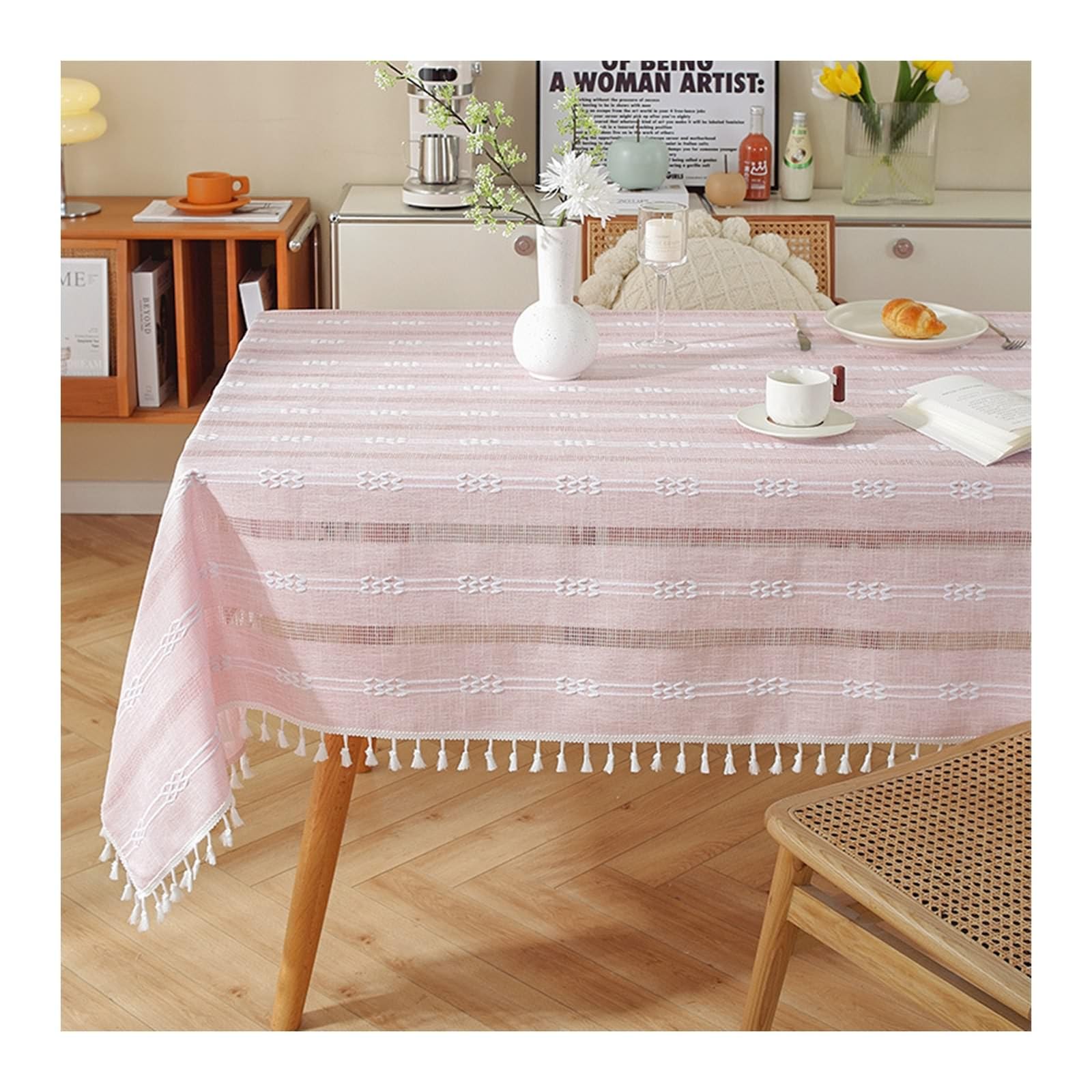 Daesar - Mantel Mesa Cuadrada,Manteles de Mesa Poliéster Rayas con Borlas Mantel Lavable Antimanchas Rosa,140x140CM(55x55Inch)