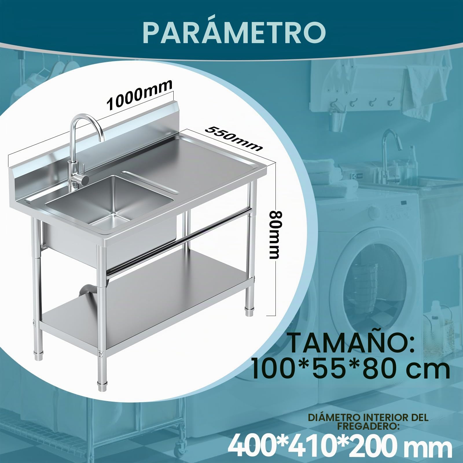 RiveraSink Fregadero Inox Independiente 100x55x80cm con Grifo 360° | Fregadero cocina e industrial | Lavadero exterior | Cubeta profunda | Cesta filtro incluida | Fácil limpieza