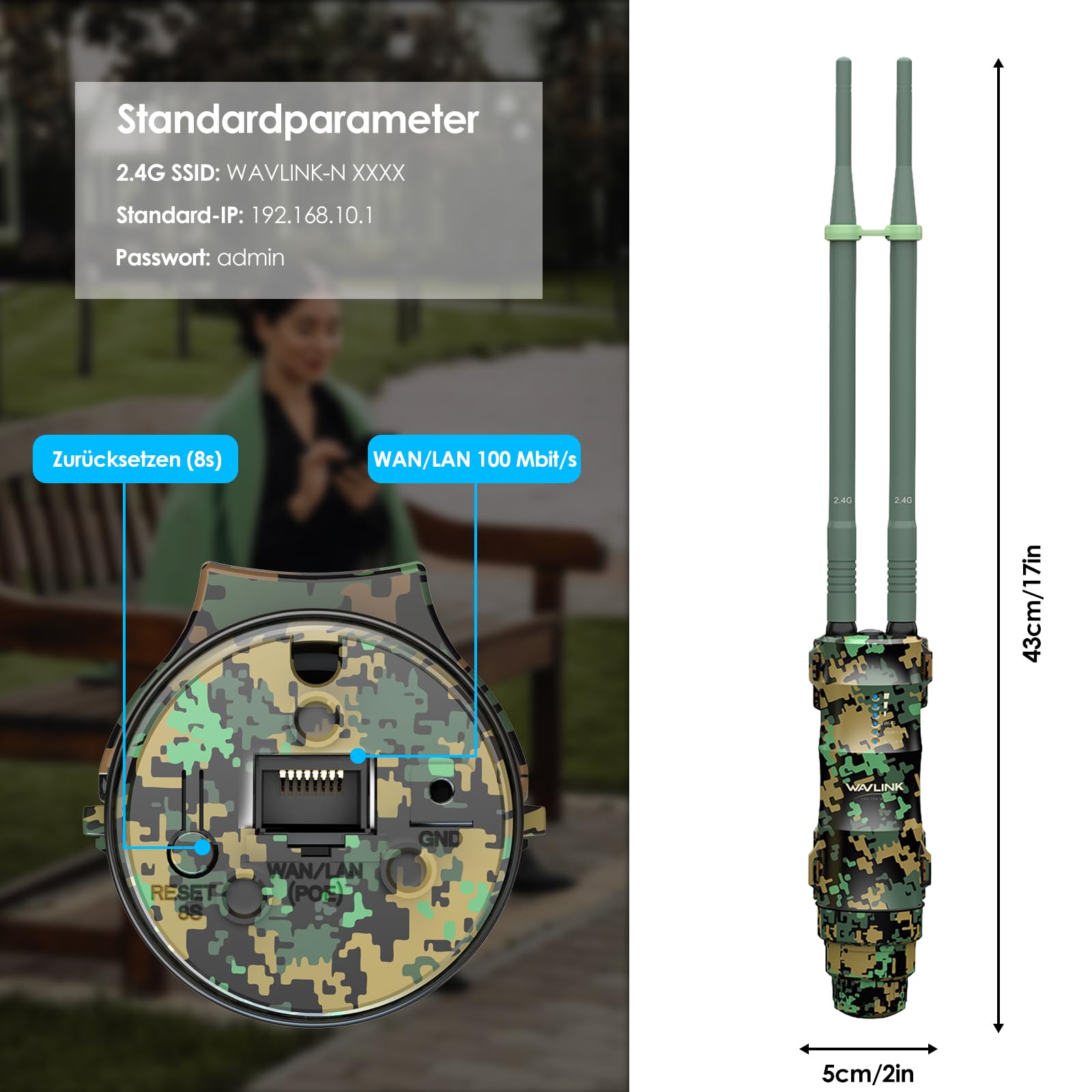 WAVLINK N300 Outdoor WLAN Repeater Greenwood, wetterfester 300Mbit/s WLAN Access Point/Verstärker unterstützt Passive/Active PoE, AP/Router/Repeater Modi, 100Mbit/s WAN/LAN, WPA2, EU-Netzteil