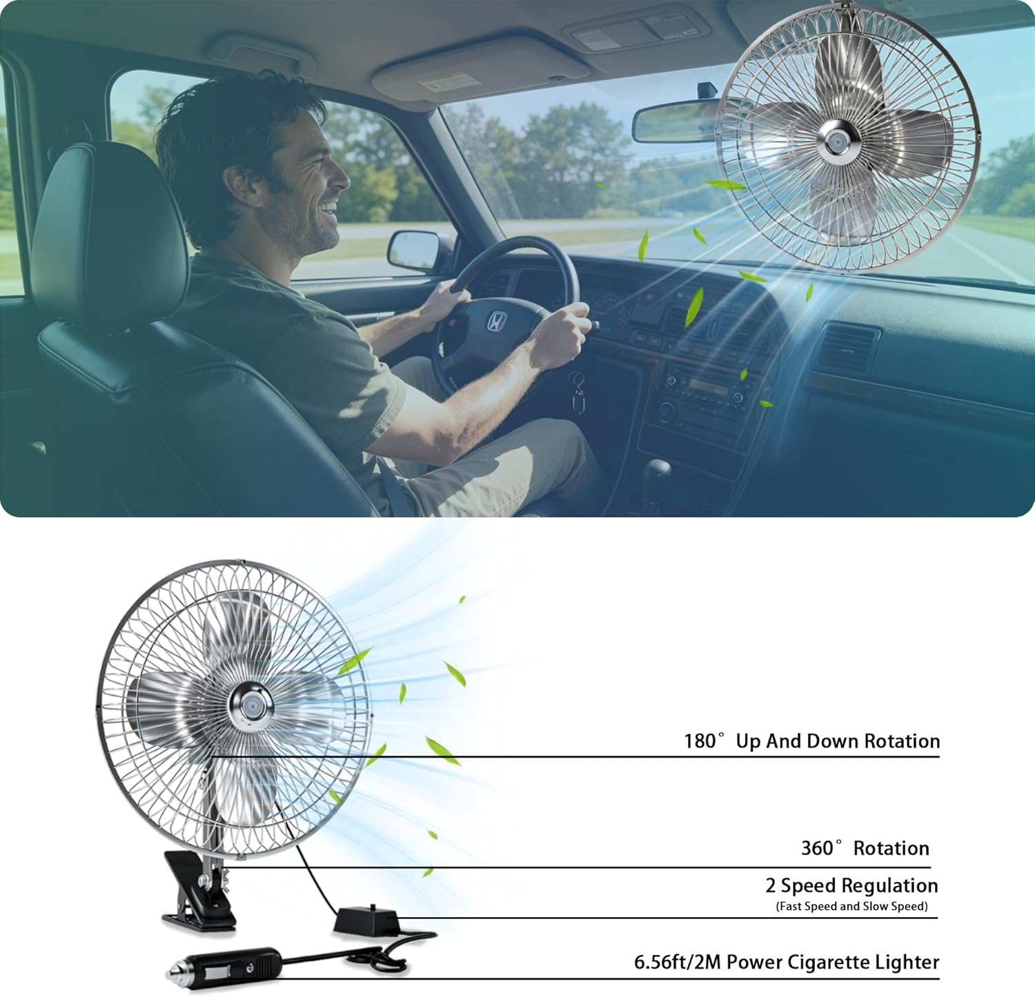 10-Inch Silver Cigarette Lighter Fan, Two-Speed Adjustment, 360-Degree Rotation, Clip-On Design 12 Volt Fan, Perfect for Cars, Trucks, RVs and More (Cord Length 6.56FT)