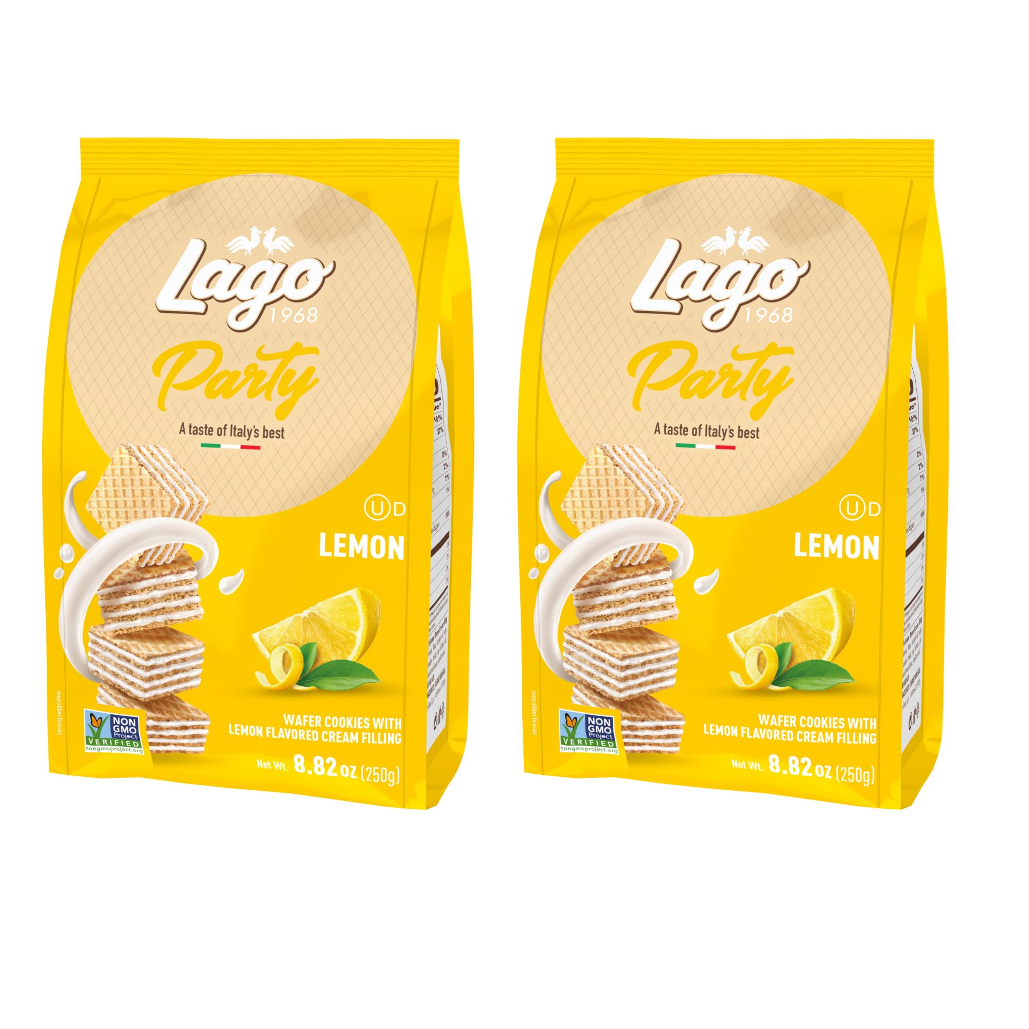 Party Wafers, Lemon, 8.82 oz – Italian Wafer Cookies with Lemon Flavored Cream Filling, Non-GMO Verified, Authentic Taste of Italy [Pack of 2]