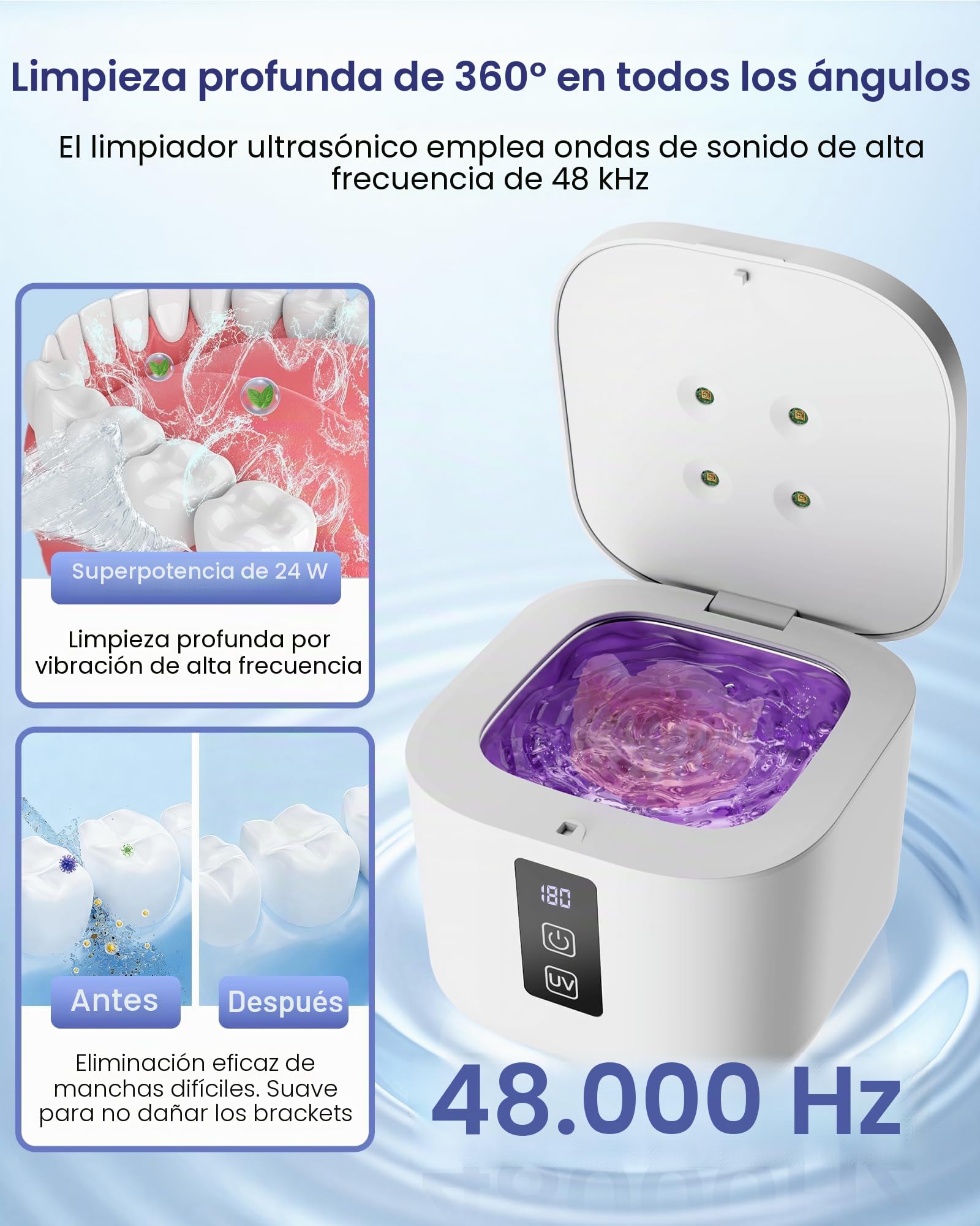 Limpiador Ultrasónico, 48000Hz Limpieza Dental Ultrasonidos, 375ML con 4 Lámparas UV Automáticas, para Ultrasonidos Limpieza Dental de Dentaduras, Retenedores, Alineadores y Joyas