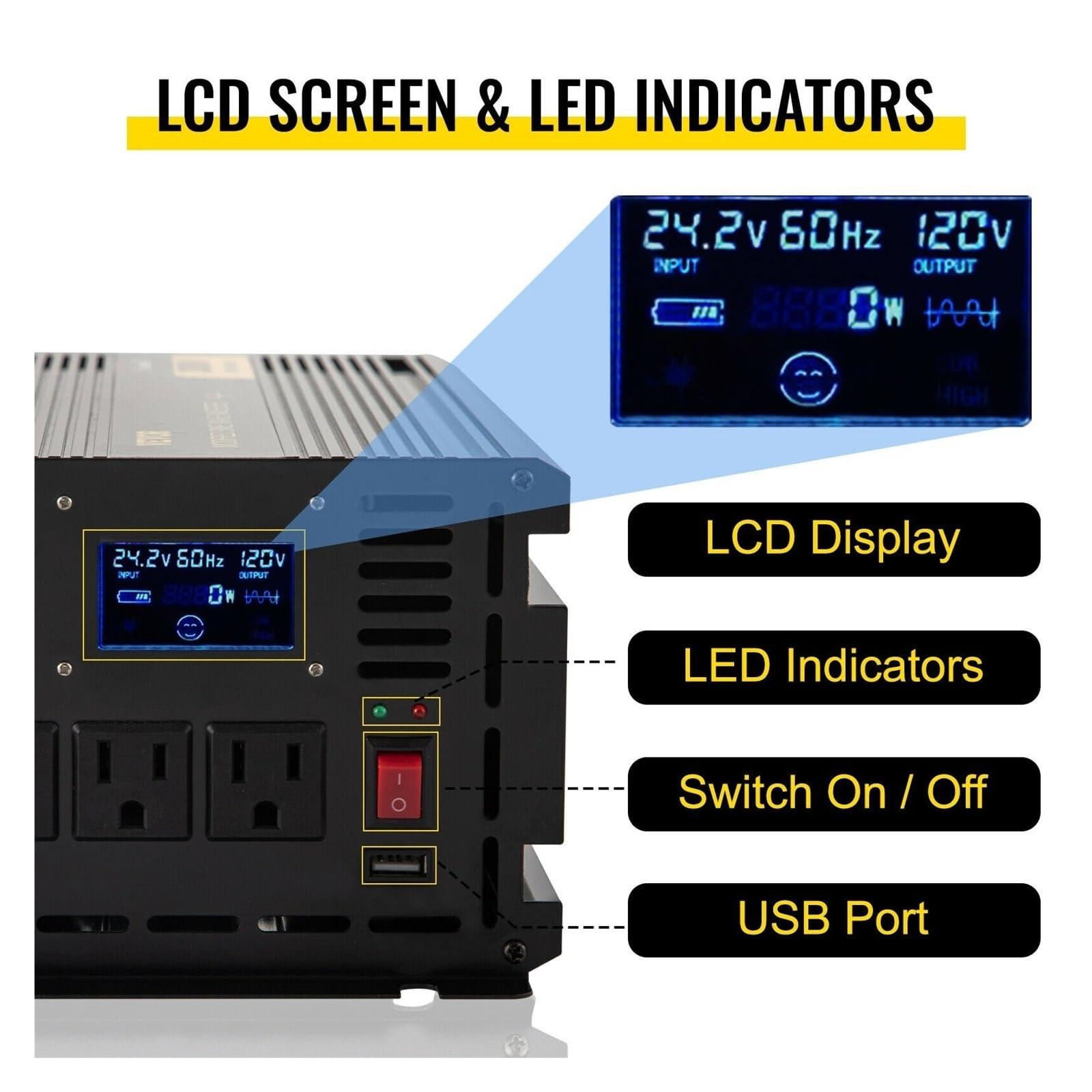 Modyfikowany falownik sinusoidalny DC12V / DC24V do AC120V ze stopu aluminium, ekran LCD i wskaźniki LED zasilania samochodu domu Dla początkujących majsterkowiczów(1600W)
