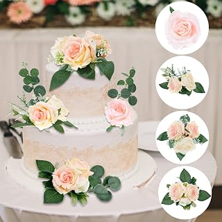 Taiyin 9 Pcs Flower Cake Topper Boho Cake Decorations Eucalyptus Flowers Floral Decorations for Women Wedding Birthday Party Anniversary(Light Pink)