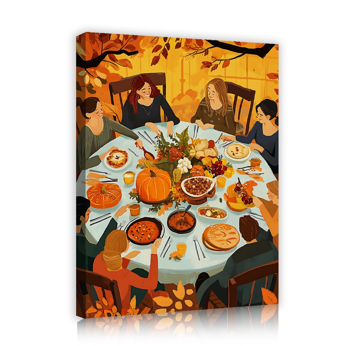 TOANGWALL Autumn Gathering Canvas Wall Art Living Room Friends Feast Framed Poster Prints Thanksgiving Pumpkin Food Warm Illustration for Cafe Decor 85x100cm
