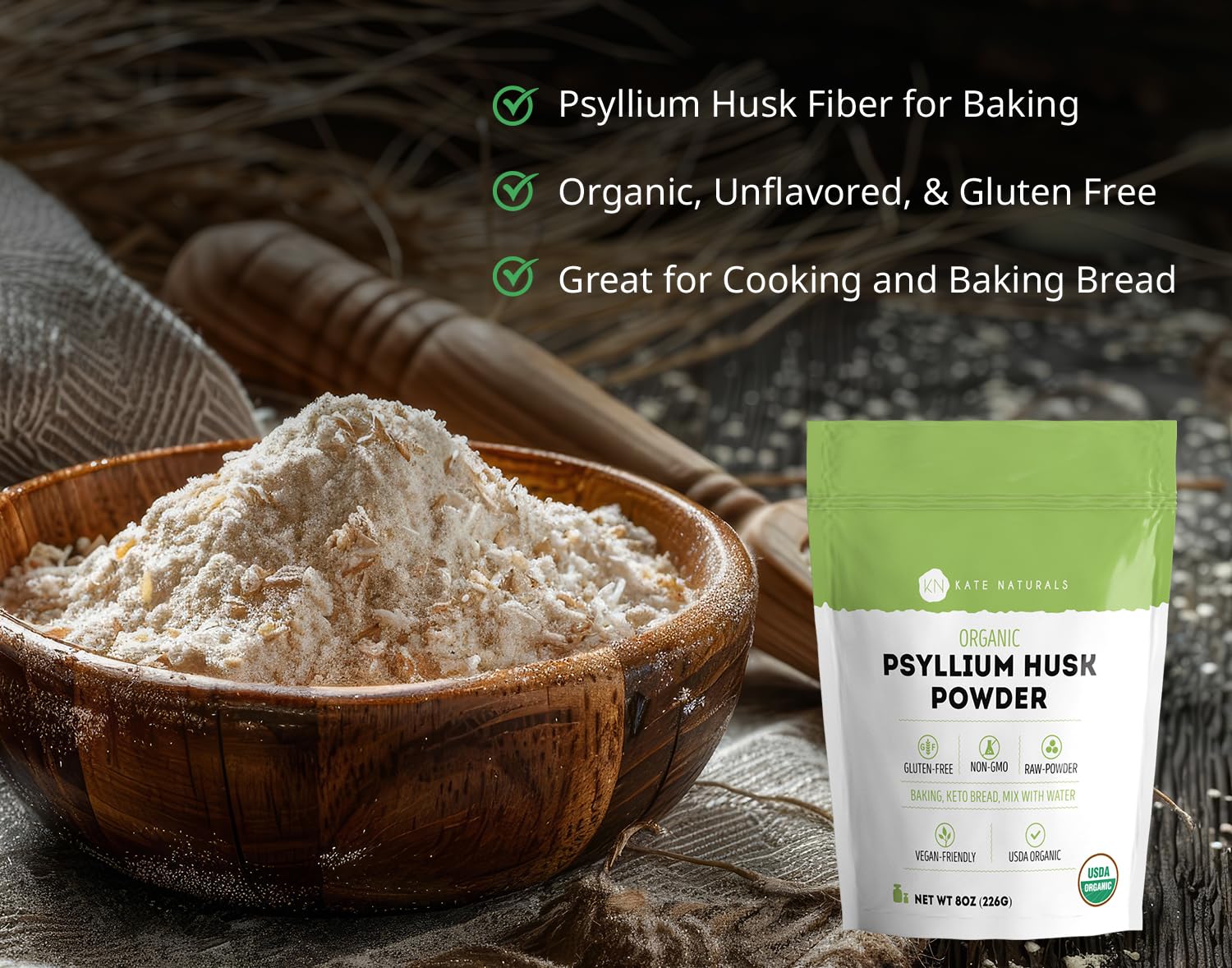 Kate Naturals Organic Psyllium Husk Powder for Baking, Shakes, Fiber, 8oz — Amazon image 2