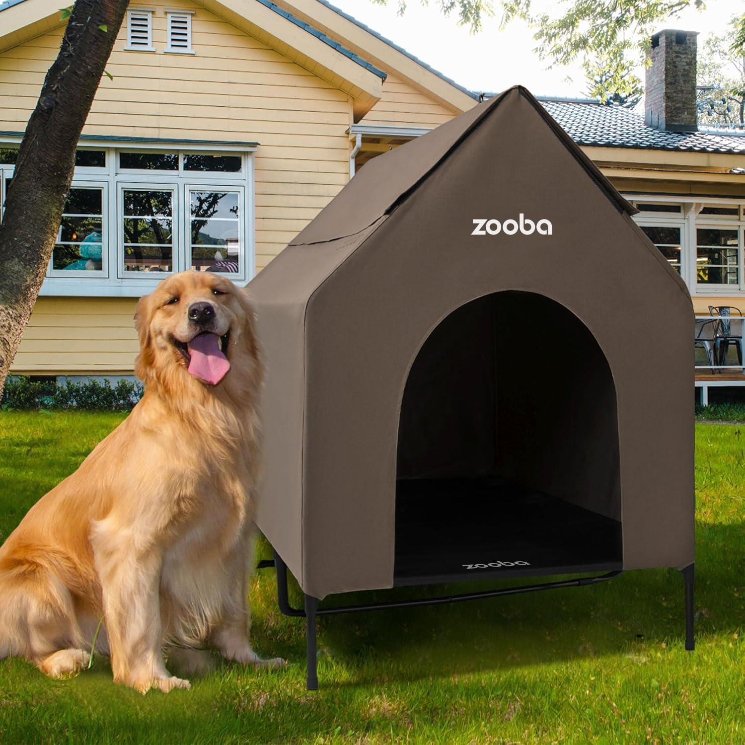 Zooba 48" XL Outdoor Dog House – Weatherproof Elevated Pet Shelter, Breathable Mesh & Steel Frame, Easy to Assemble & Clean, Large Dog Houses for All Seasons (Brown)