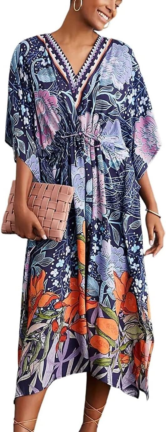 EddoyeeKaftan Dresses for Women V-Neck Caftan Swimsuit Cover Up Floral Print Beach Maxi Dress with Drawstring