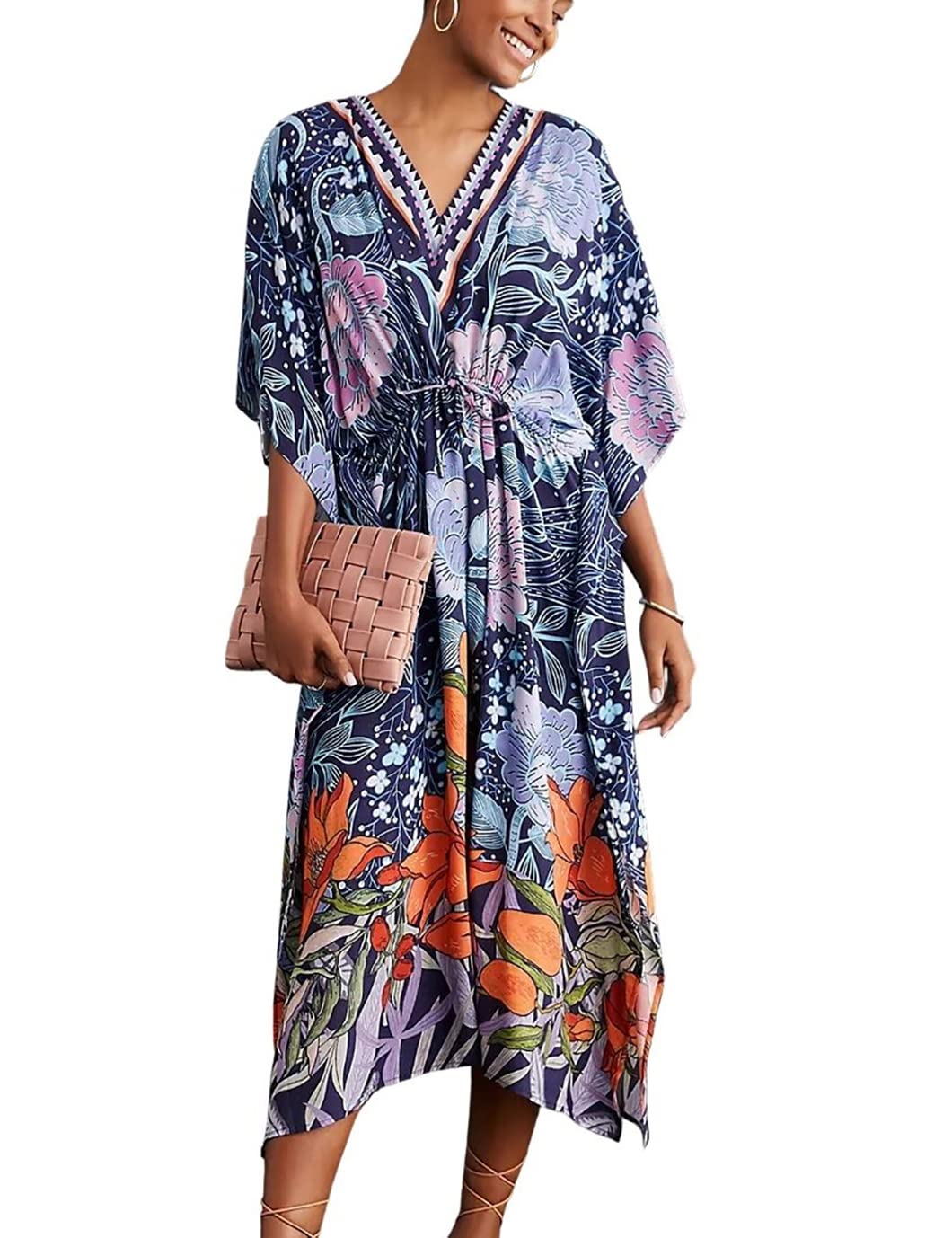 EddoyeeKaftan Dresses for Women V-Neck Caftan Swimsuit Cover Up Floral Print Beach Maxi Dress with Drawstring