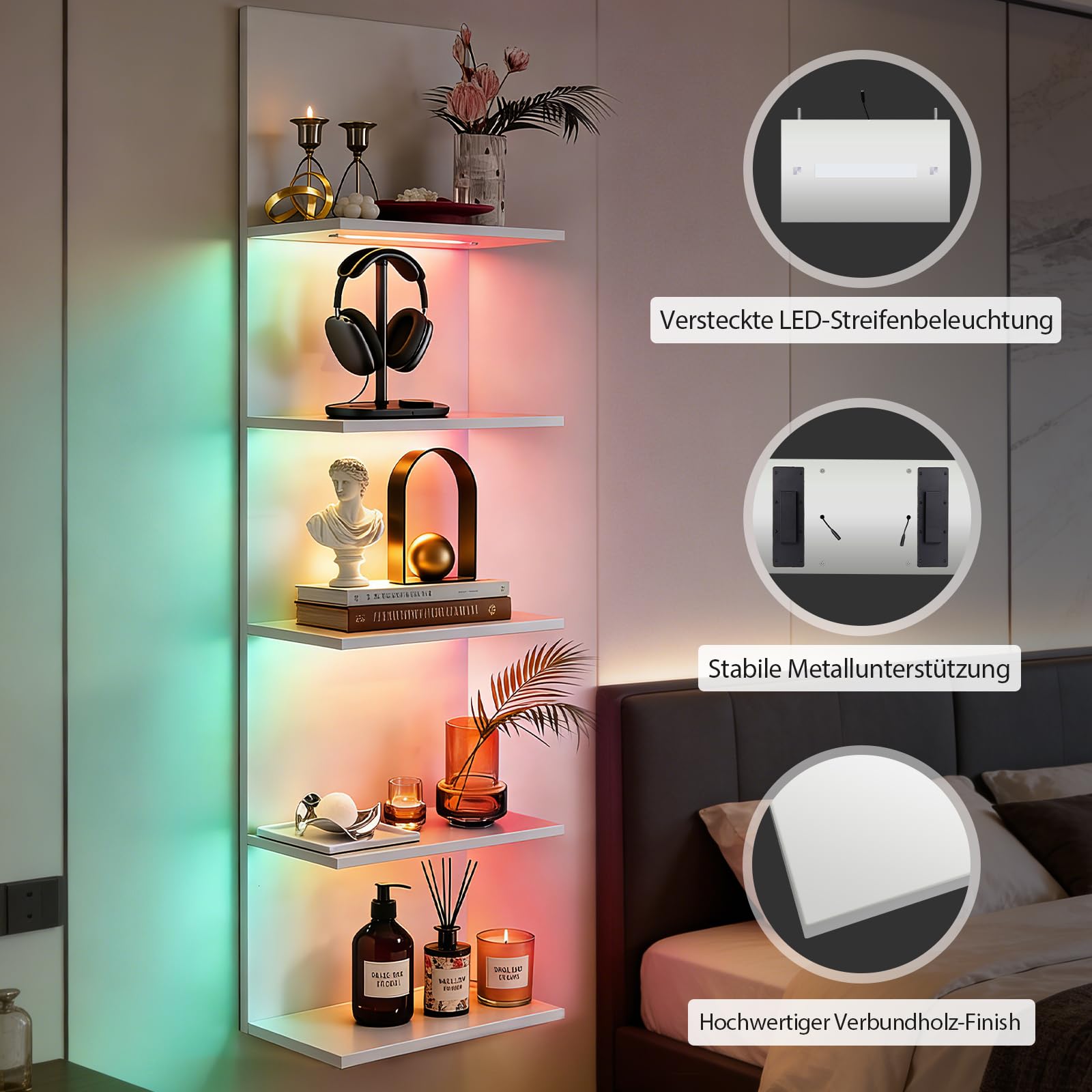 Wandregal mit RGB+IC-Beleuchtung, Bücherregal Wand mit APP & Fernbedienung | Wandregal Weiß 5 Ebenen, Wandregal Schmal Schminktisch Hängend Regal für Schlafzimmer, Wohnzimmer, 30x18x117 cm, Weiß