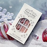 Vista 4 de 24 uñas postizas cuadradas medianas de Navidad, uñas acrílicas francesas rojas de Navidad, uñas acrílicas a presión con pegamento medio brillante