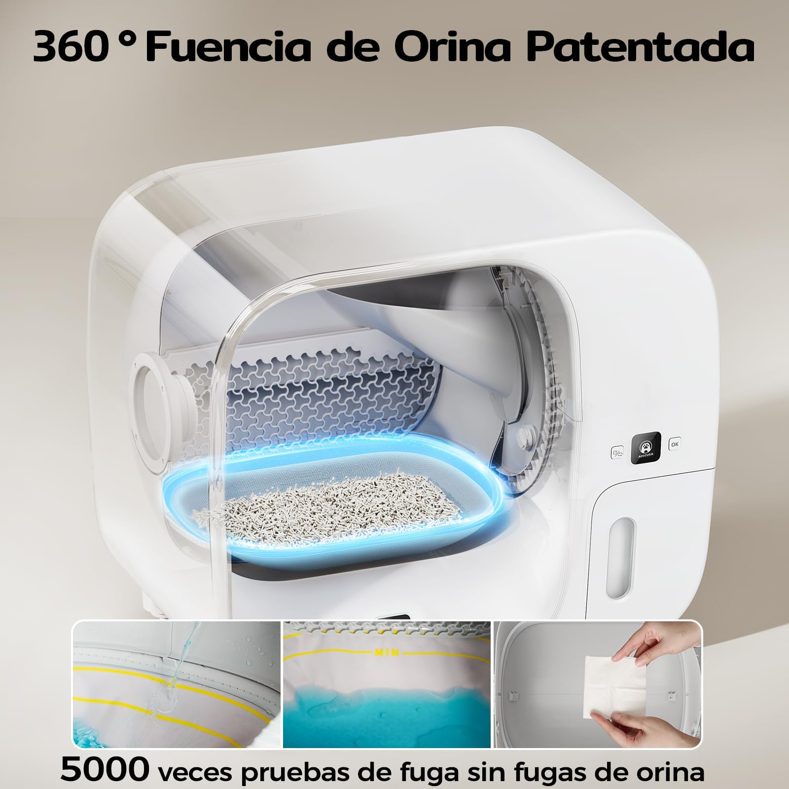 Arenero Gatos Autolimpiable, Cura 3 Arenero Autolimpiable para Gatos con Sistema de Empaquetado Automático, Certificación de Seguridad TUV (7 Sensores), Control de Olores y Funcionalidad de App