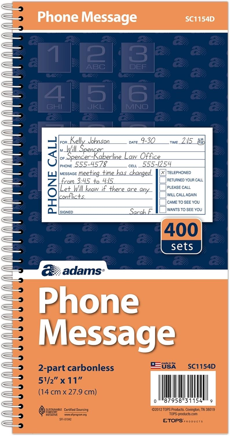 Adams Phone Message Book, Carbonless Duplicate, 5.50 x 11
