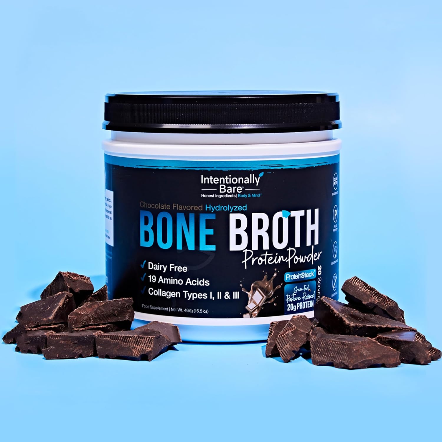 Intentionally Bare Bone Broth Powder - Grass Fed Bone Broth Protein Powder - Collagen Peptides Type 1, 2 & 3 - Dairy Free Hydrolyzed Collagen for Skin, Hair, Gut & Joints – Chocolate - 20 Servings