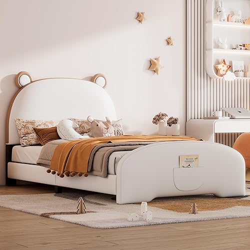 P PURLOVE Cama de plataforma de tamaño individual para niños con cabecera en forma de oso, cama de plataforma individual de madera para niños con