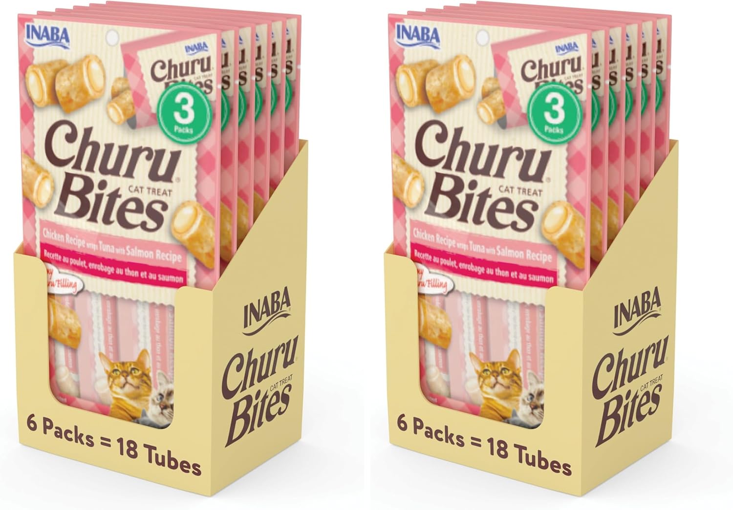 INABA Churu Bites for Cats, Soft Baked Chicken Churu Filled Cat Treats with Green Tea Extract, 0.35 Ounces Each Tube, 18 Tubes Total (3 per Pack), Tuna with Salmon Recipe (Pack of 2)