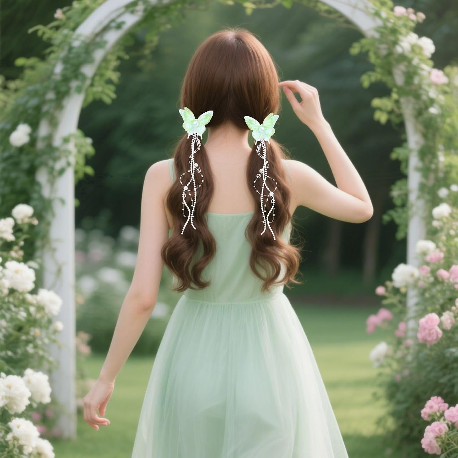 2pcs Butterfly Hair Clips with Crystal Beaded Tassels Long Fringe Hair Alligator Barrettes Wedding Hair Accessories, Pink Blue Green (Green)