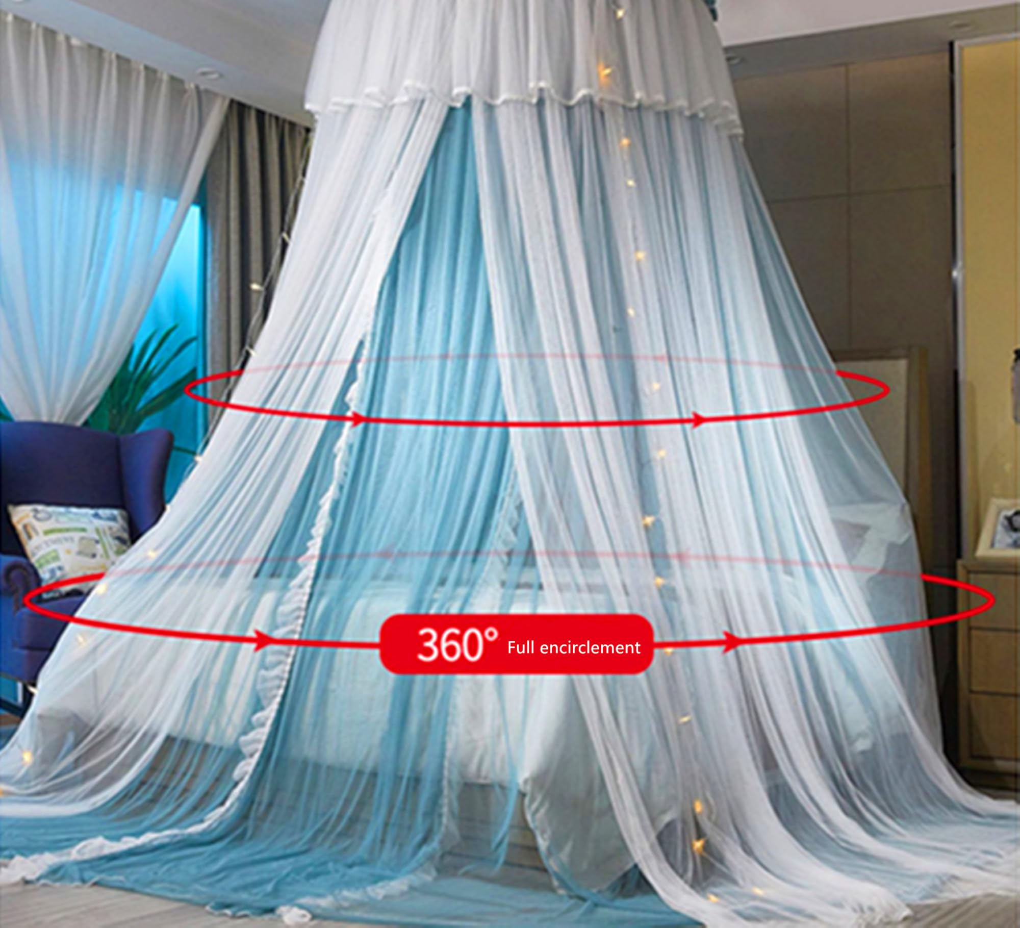 Dosel de Cama Princesa para niñas Cortina de Dosel Doble Capa de Malla Transparente Cúpula de Cortina de Cama de Encaje Redonda Mosquitera de Princesa Tienda para decoración(Azul/Blanco)