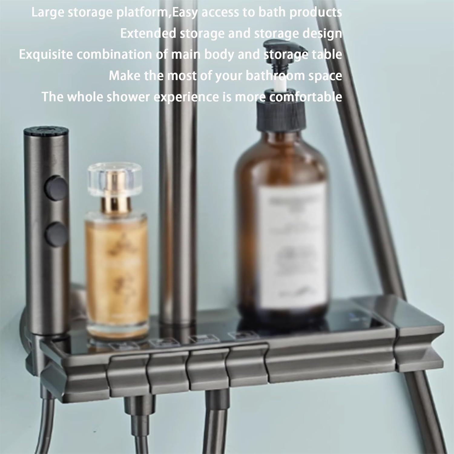 LED Digital Display Shower Shower Set, Wall-Mounted Piano Keys Full Copper Thermostat Home, LED Blue Light Atmosphere Light,Storage Table (Gray hot and Cold)