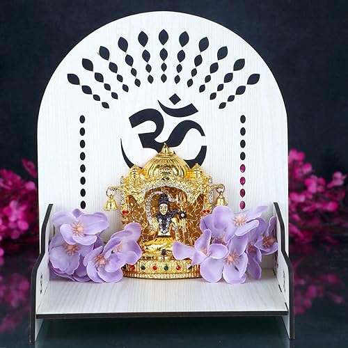 Miniatura 2 de SATVIK - Juego de 1 pieza de MDF Puja Mandir, fácil de construir, diseño Om Templo Pujan Ghar, tablero de mesa Dios Sihasan indio hindú festivo,