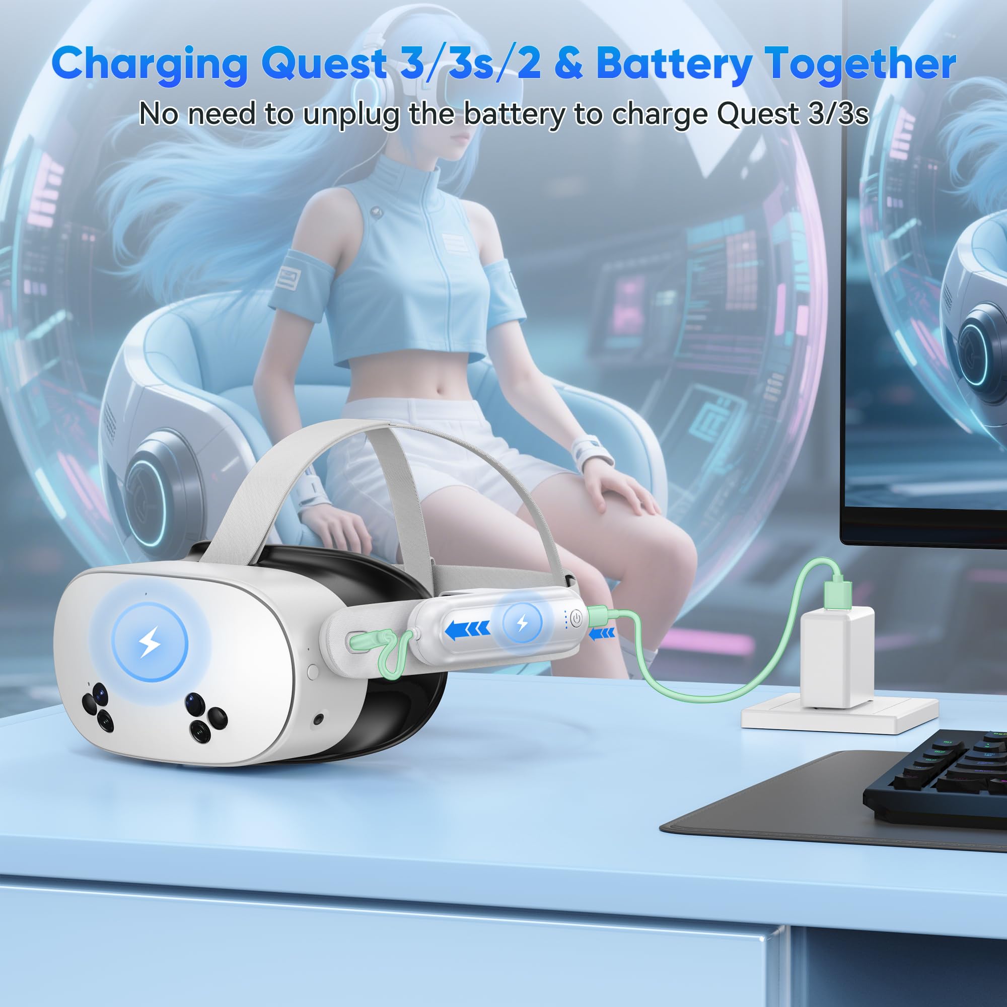 YUANHOT Confezione da 2 batterie da 20000 mWh per Meta Quest 3S/3/2, caricabatterie rapido da 18 W per accessori Oculus Quest 3S/3, batteria estesa per cuffie VR, batteria leggera e portatile per