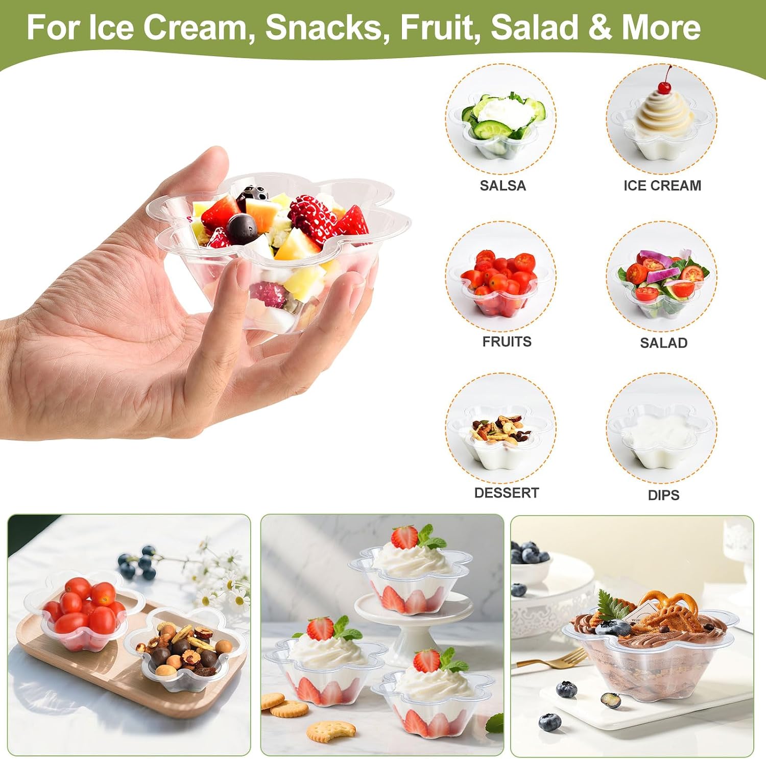 KUCKOW Clear Bowls, 100 PCS Ice Cream Bowls, Small Clear Appetizer Serving Bowls for Dessert Cake Snack Sundae Salad Candy, Party Favor Wedding Birthday Flower Shape (8 OZ)