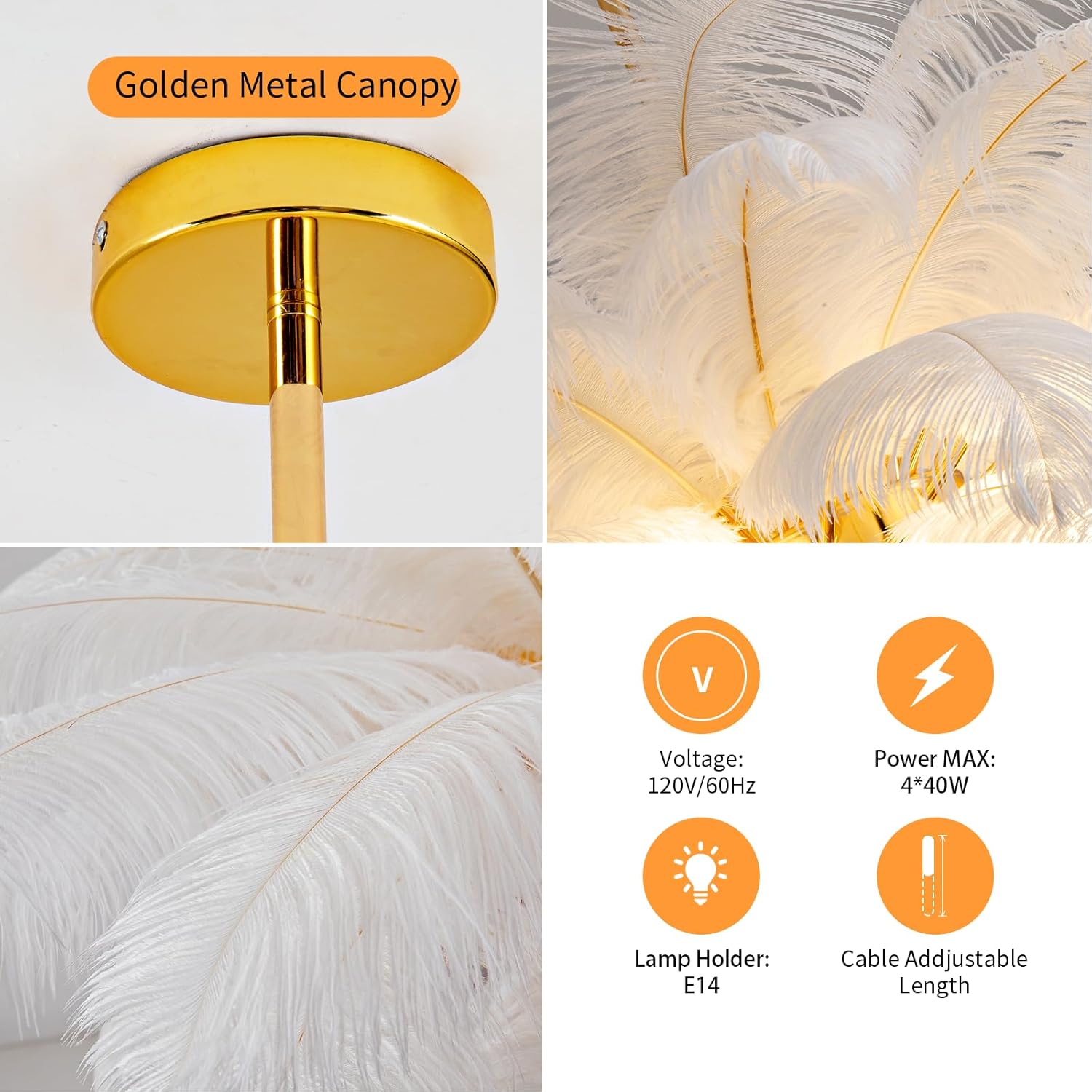 NZV Modern White Feather Chandelier Dining Room 24in Luxury Ostrich Feathers Chandeliers Light Fixture Nordic Pendant Lights Romantic Hanging Ceiling Lighting for Kitchen Island Living Room Girls Room