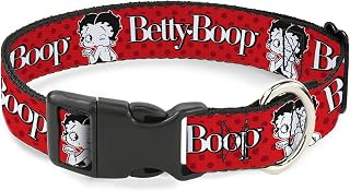 Fleischer Studios, Inc. Pet Collar, Dog Collar Plastic Buckle, Betty Boop Winking Kiss Pose and Text Reds Black White, 15 to 24 Inches 1.0 Inch Wide