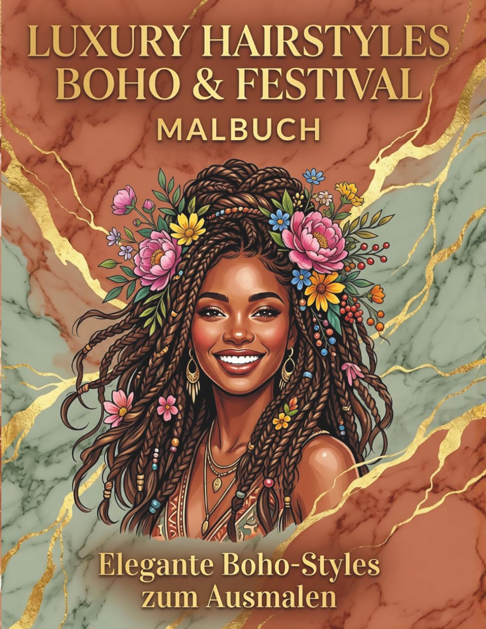 Luxury Hairstyles Vol. 2: Boho & Festival Malbuch: 50 lebendige Boho-Designs für Frauen & Teenager | Insgesamt 102 Seiten mit schwarzen Rückseiten ... | Elegante Frisuren zum Ausmalen & Entspannen