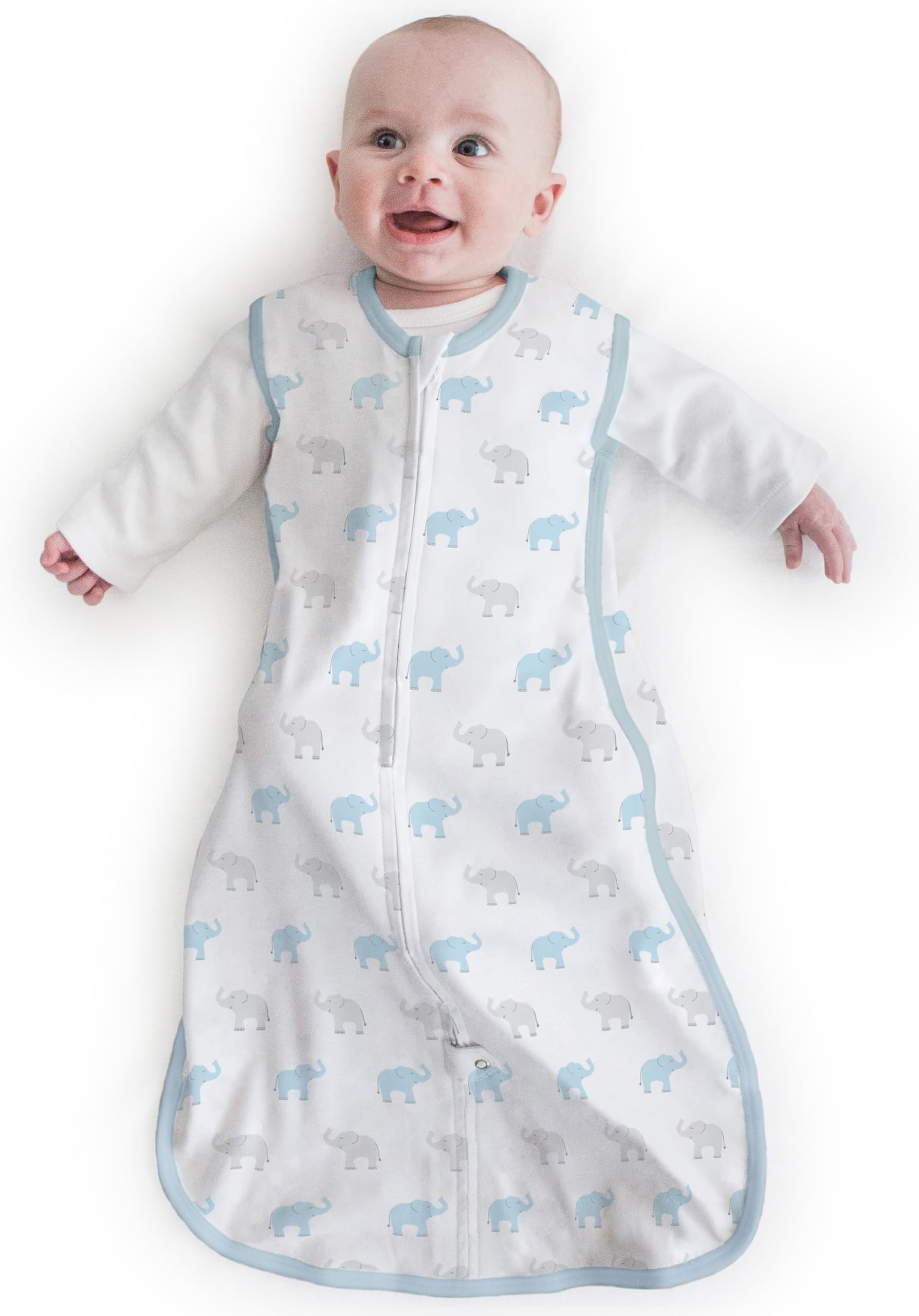 Amazing Baby Cotton Sleeping Sack, Wearable Blanket with 2-way Zipper, Pastel Blue + Gray Tiny Elephants, Small (0-6 mo)