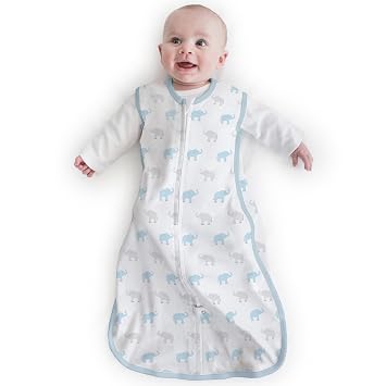 Amazing Baby Cotton Sleeping Sack, Wearable Blanket with 2-way Zipper, Pastel Blue + Gray Tiny Elephants, Small 0-6 mo